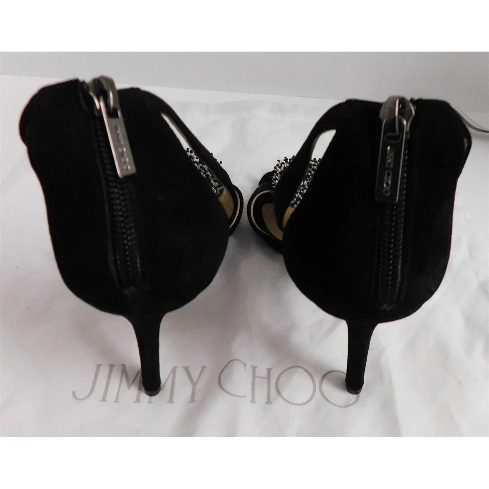 Jimmy Choo Feline $1295 Black Suede Leather Beaded Open Toe Pumps Heels Italy 37